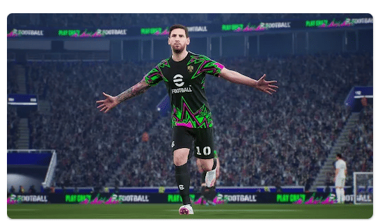 Pemain sepak bola dalam game eFootball merayakan gol di stadion dengan latar penonton yang memenuhi tribun.
