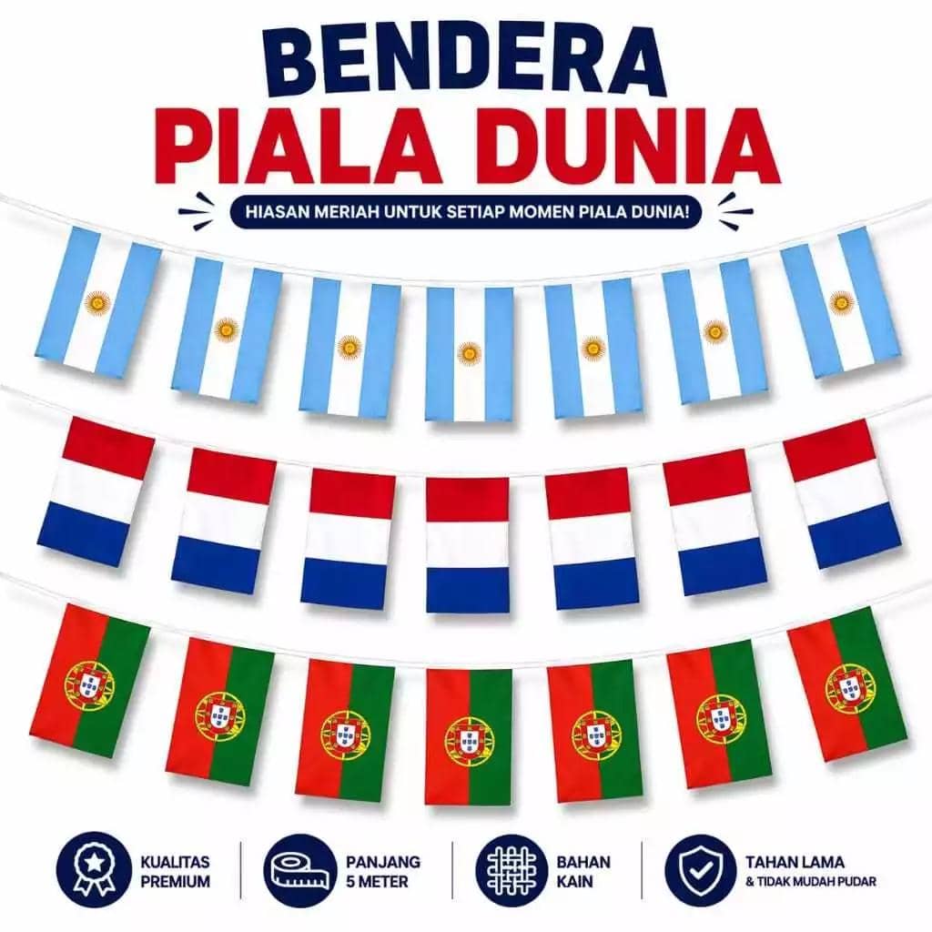 Deretan bendera negara peserta Piala Dunia dari kain premium digantung sebagai dekorasi pesta atau kantor dengan warna cerah dan tahan lama.