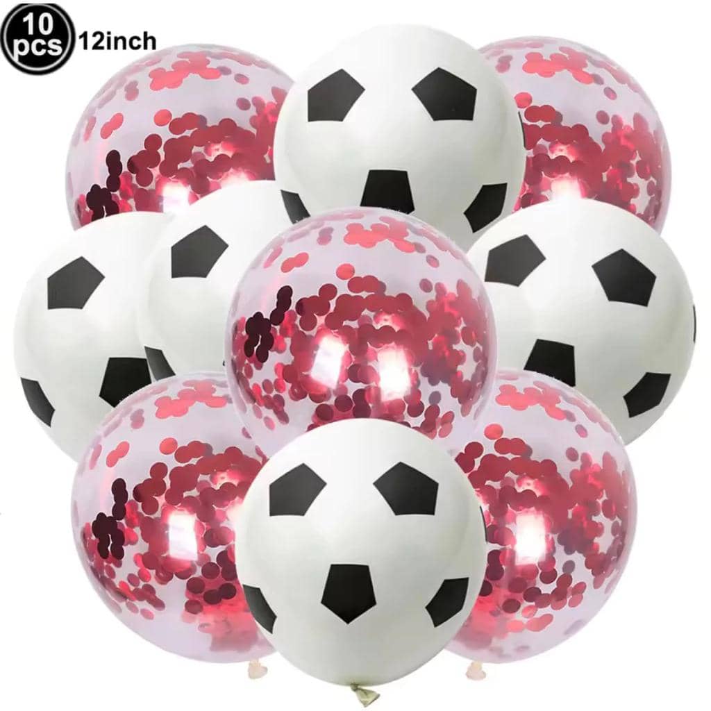 Balon dekorasi bertema sepak bola berwarna putih dengan pola bola dan balon transparan berisi konfeti merah untuk pesta kantor.
