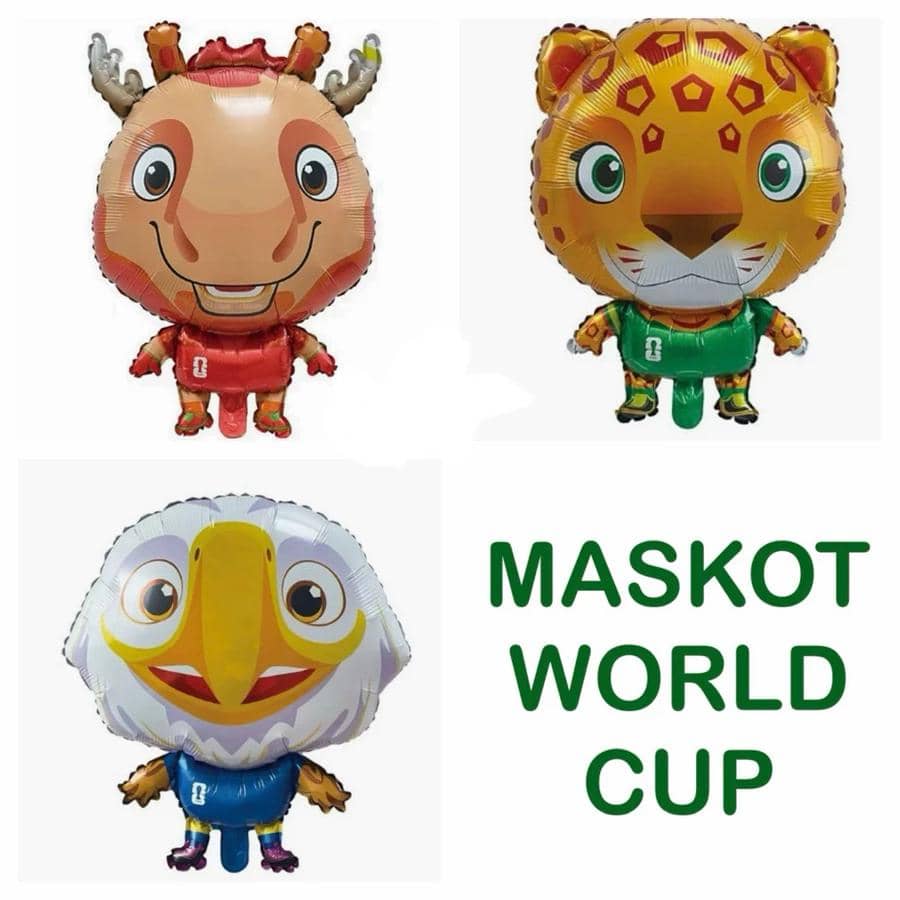 Balon foil berbentuk maskot hewan seperti rusa, macan tutul, dan elang dengan tulisan Maskot World Cup di latar putih.
