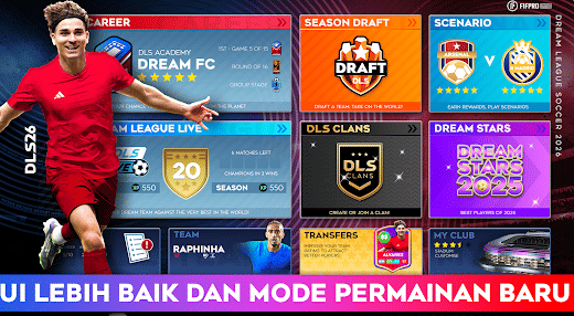 Tampilan menu utama permainan Dream League Soccer 26 dengan berbagai mode seperti Career, Season Draft, dan Dream Stars 2025.