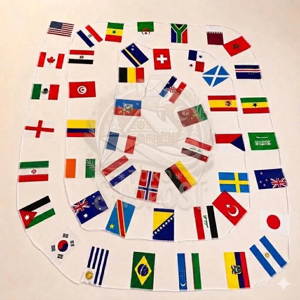 Hiasan gantung berisi deretan bendera berbagai negara yang disusun melingkar sebagai dekorasi bertema Piala Dunia untuk kantor.