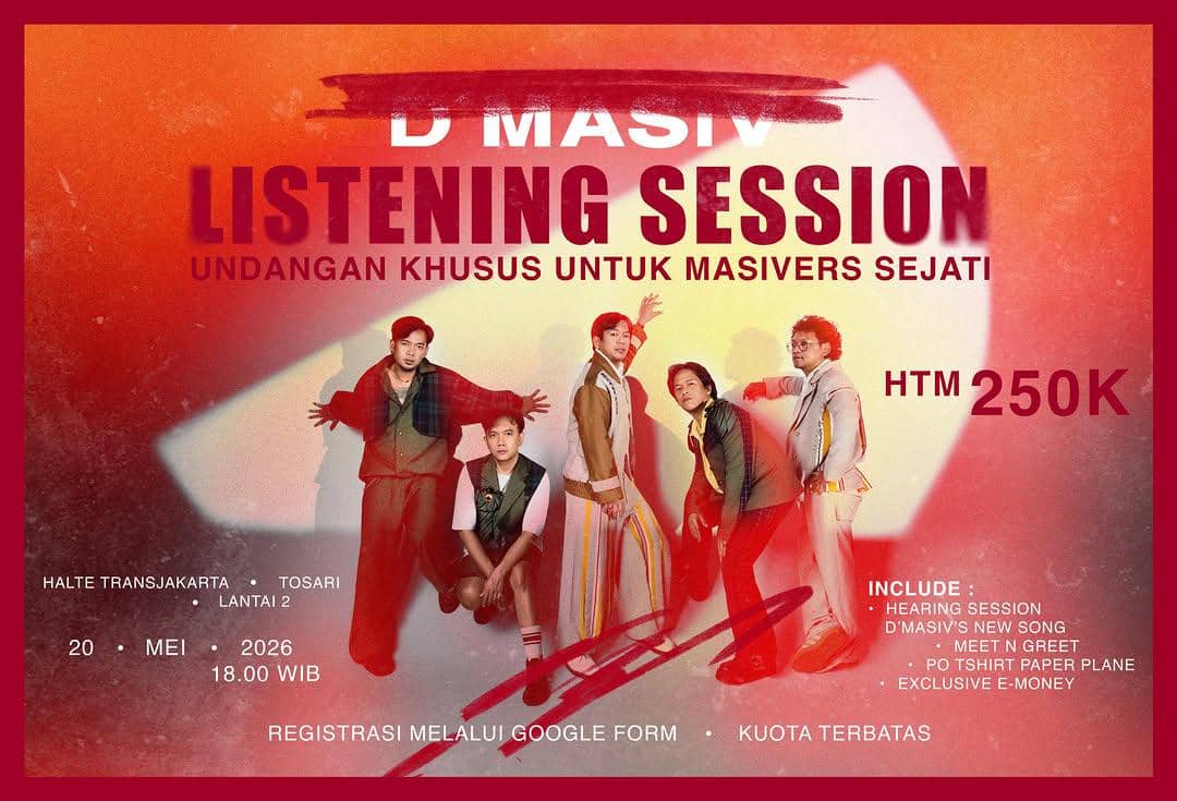 Poster acara D’MASIV Listening Session dengan lima anggota berdiri dan berpose di latar merah, menampilkan detail acara pada Mei 2026 di Tosari.