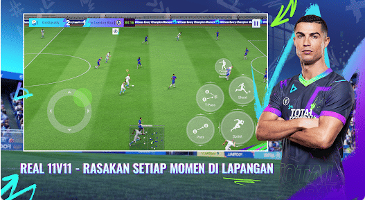 Tampilan permainan Total Football VNG menampilkan pertandingan sepak bola 11 lawan 11 dengan antarmuka kontrol di layar dan pemain di sisi kanan.