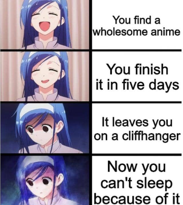 Meme empat panel karakter anime berambut biru menunjukkan perubahan ekspresi dari bahagia hingga stres karena menonton anime dengan akhir menggantung.