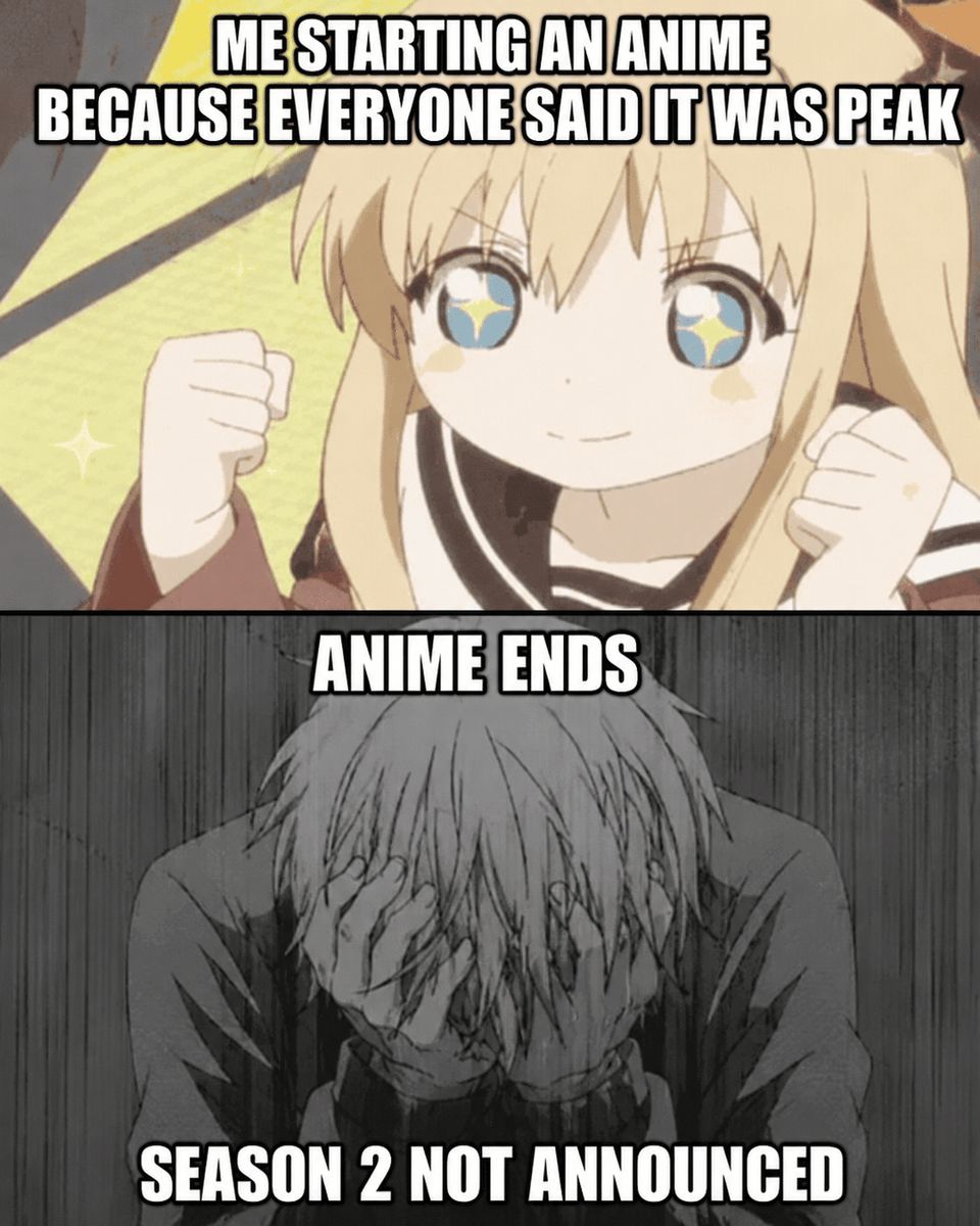Meme dua panel menampilkan karakter anime gembira di atas dan karakter sedih di bawah dengan teks tentang anime tanpa musim kedua.
