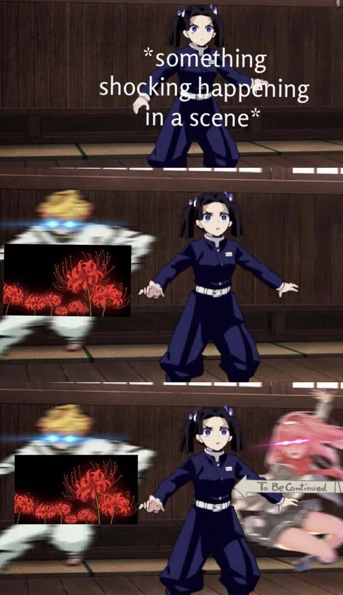 Meme anime menampilkan karakter kaget saat adegan mengejutkan, diakhiri dengan tulisan To Be Continued sebagai lelucon cliffhanger.
