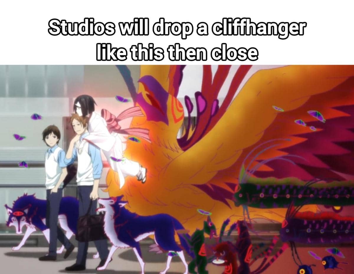 Adegan anime dengan karakter berjalan bersama makhluk mistis berwarna cerah dan teks meme tentang studio yang menutup anime dengan akhir menggantung.