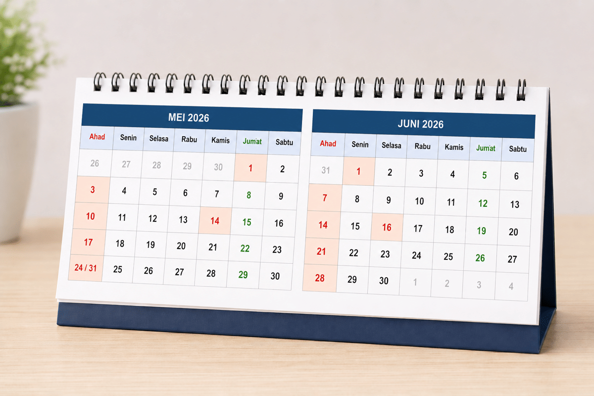 Desain kalender meja dua halaman untuk bulan Mei dan Juni 2026 dengan penanda tanggal merah hasil kreasi AI