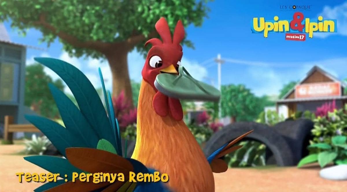 Rembo membawa lari sebelah sandal milik Upin.