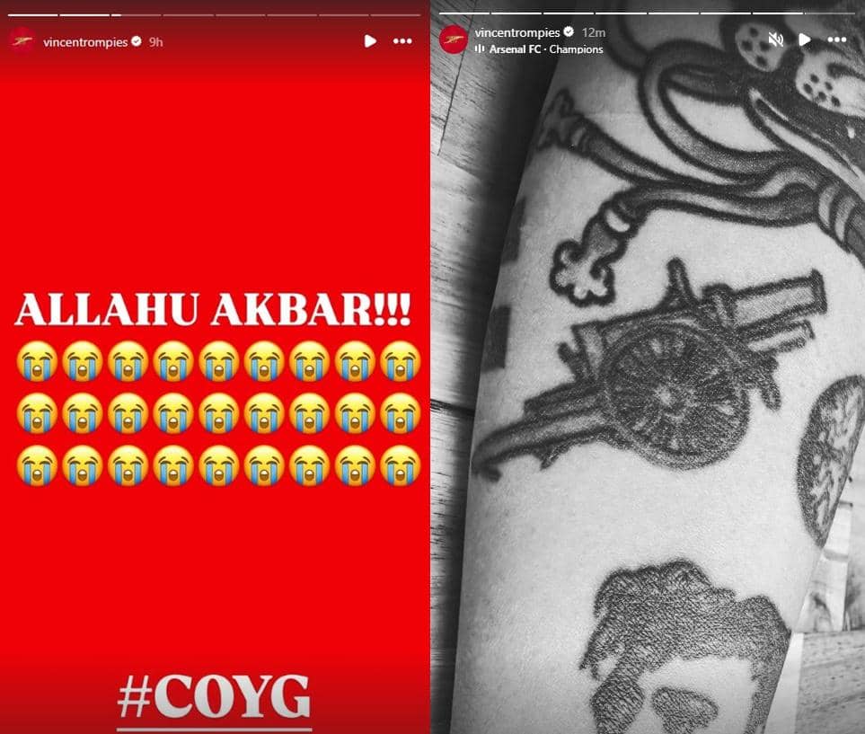 Tangkapan layar unggahan Instagram berisi tulisan seruan dan emoji tangis di latar merah serta foto tato bergambar meriam di lengan.