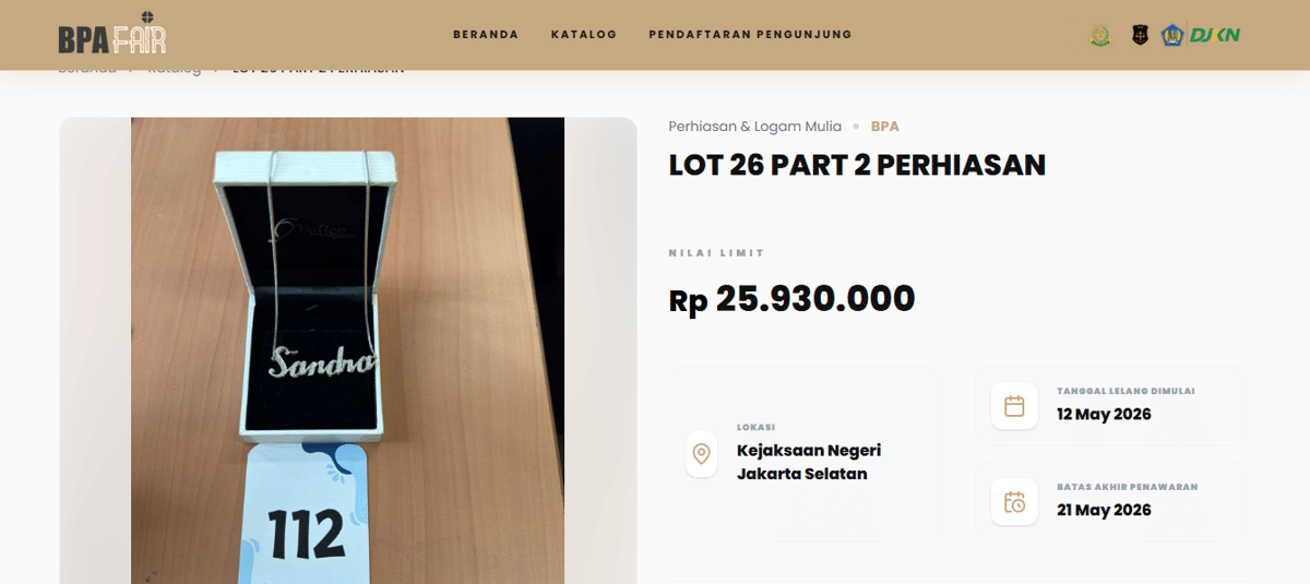 perhiasan Sandra Dewi yang dilelang di BPA Fair 2026