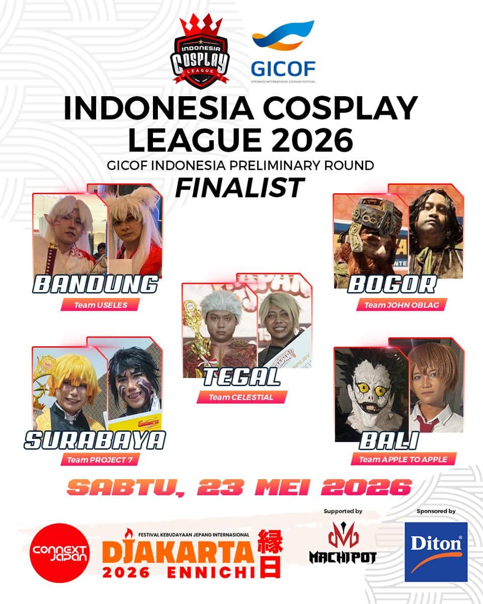 Poster finalis Indonesia Cosplay League 2026 menampilkan tim dari Bandung, Bogor, Tegal, Surabaya, dan Bali dengan kostum karakter unik.