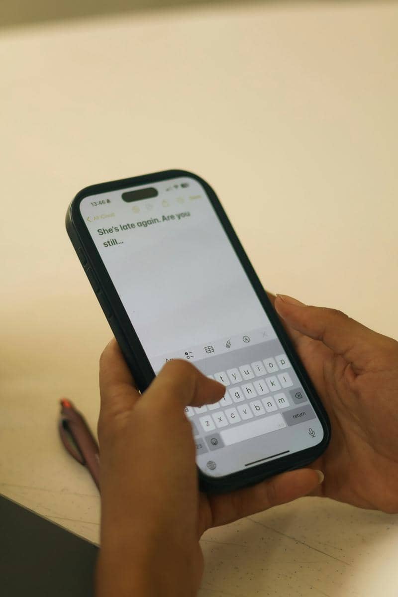 Seseorang sedang mengetik pesan di layar smartphone dengan kedua tangan di atas meja berwarna terang.