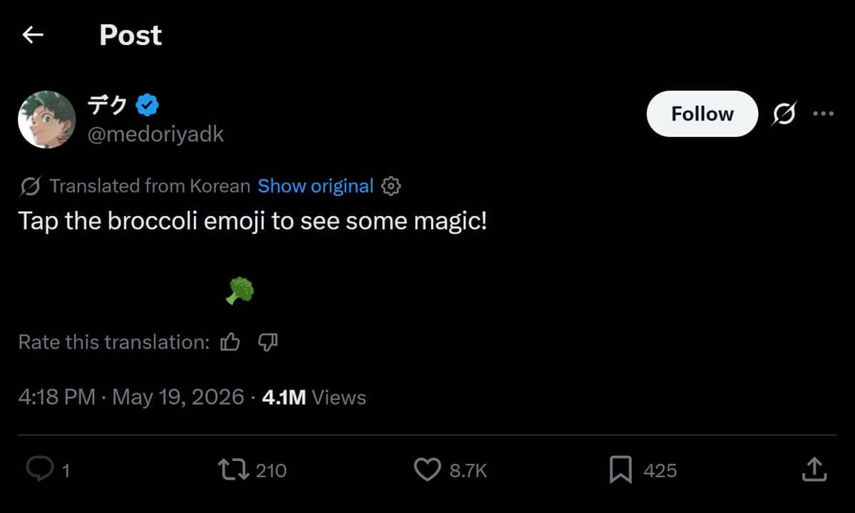 Tangkapan layar unggahan di X berisi ajakan untuk mengetuk emoji brokoli agar melihat keajaiban, dengan terjemahan dari bahasa Korea.