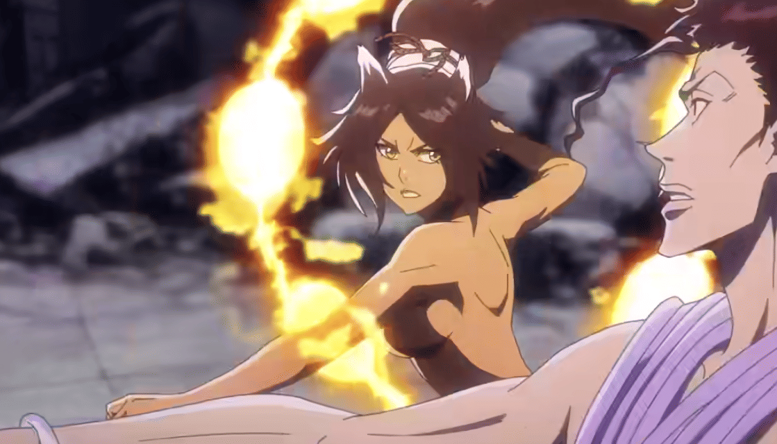 Karakter anime perempuan dalam mode tempur dengan aura listrik kuning menyala di sekelilingnya menghadapi lawan di latar reruntuhan.