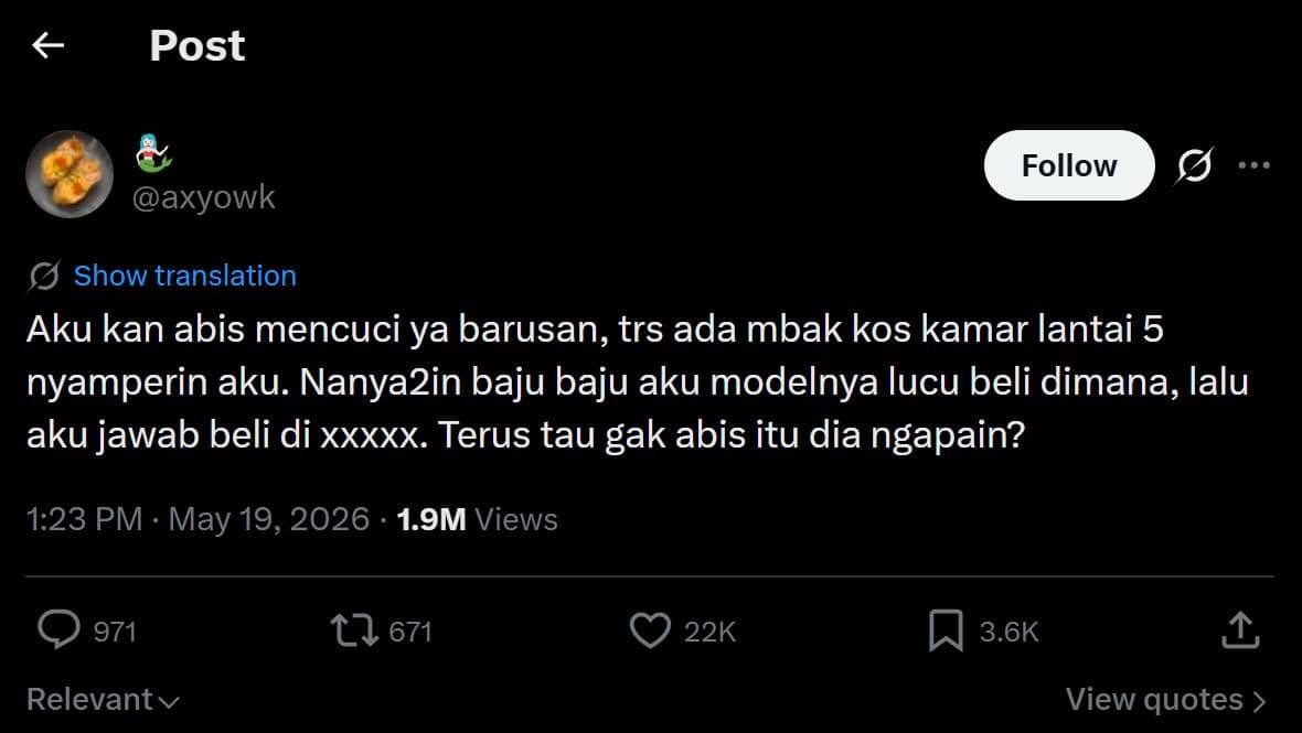 Tangkapan layar unggahan pengguna X bernama axyowk yang menulis cerita lucu tentang pengalaman setelah mencuci dan ditanya soal baju oleh penghuni kos.