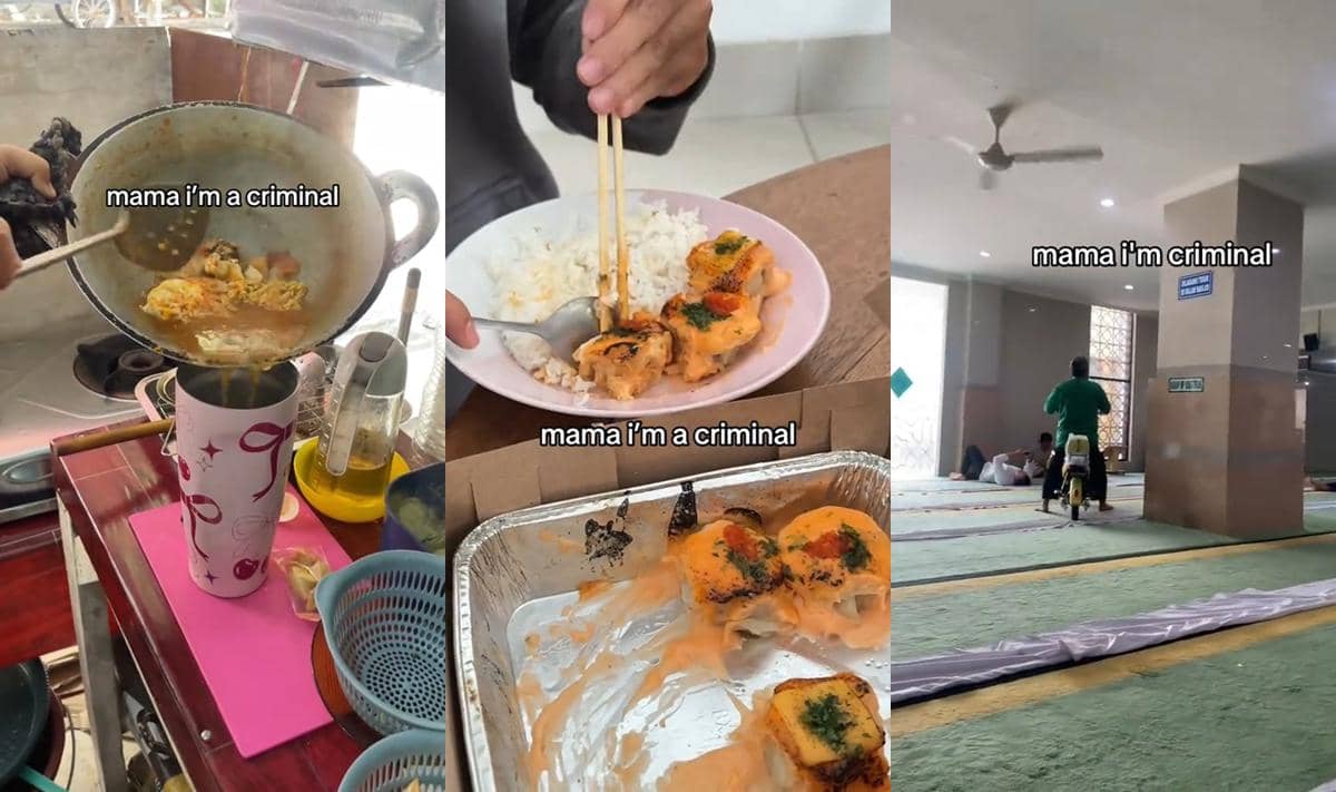 Kolase tiga gambar tren TikTok dengan teks 'mama i’m a criminal', menampilkan aktivitas memasak, makan sushi, dan seseorang bersepeda di dalam ruangan.