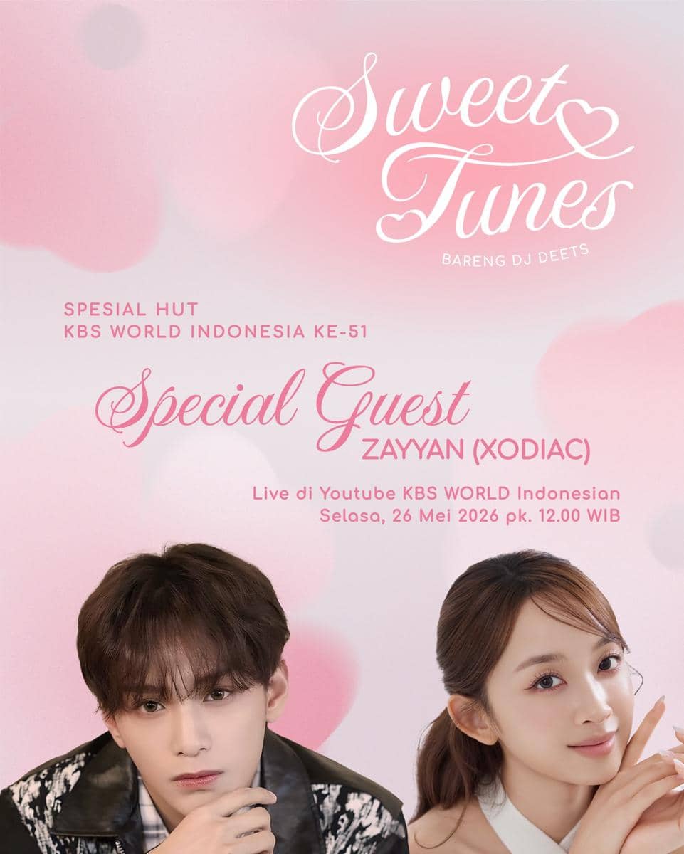 Poster acara Sweet Tunes menampilkan dua bintang tamu dengan latar warna merah muda untuk perayaan HUT KBS World Indonesia ke-51.
