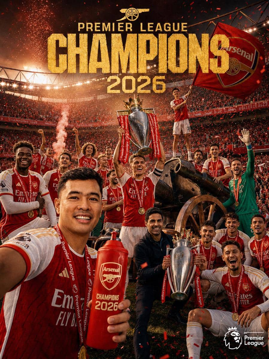 Seorang pria berpose bersama para pemain Arsenal yang merayakan kemenangan Premier League 2026 dengan trofi di Stadion Emirates.