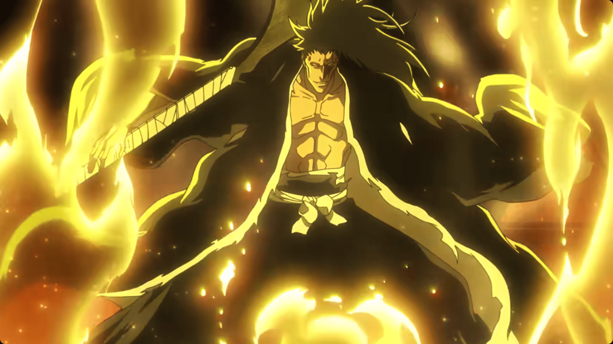 Karakter anime bertubuh kekar memegang pedang besar dengan aura energi kuning menyala di sekelilingnya dalam adegan penuh intensitas.