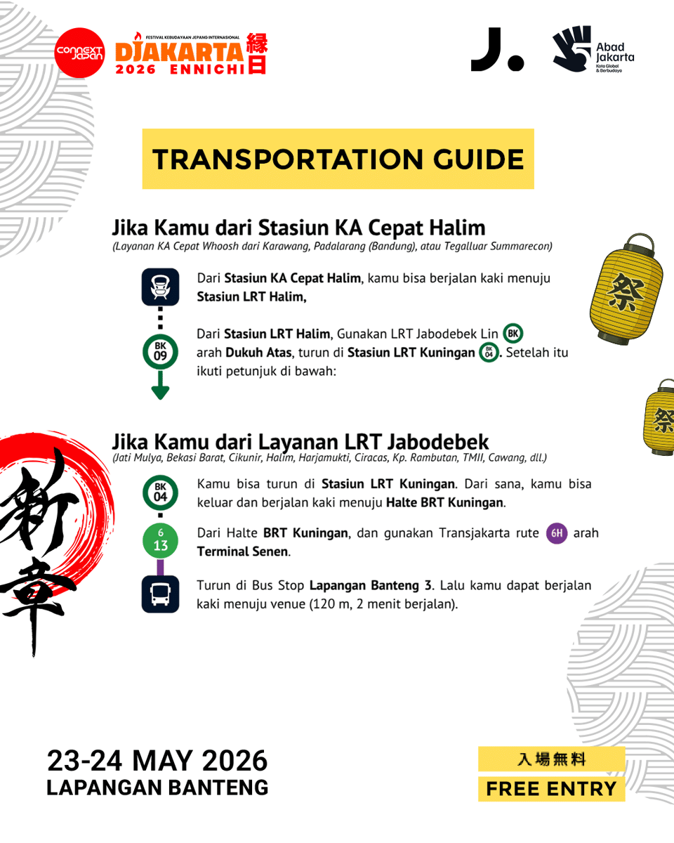Panduan transportasi menuju acara Djakarta Ennichi 2026 di Lapangan Banteng, menampilkan rute dari Stasiun KA Cepat Halim dan LRT Jabodebek.