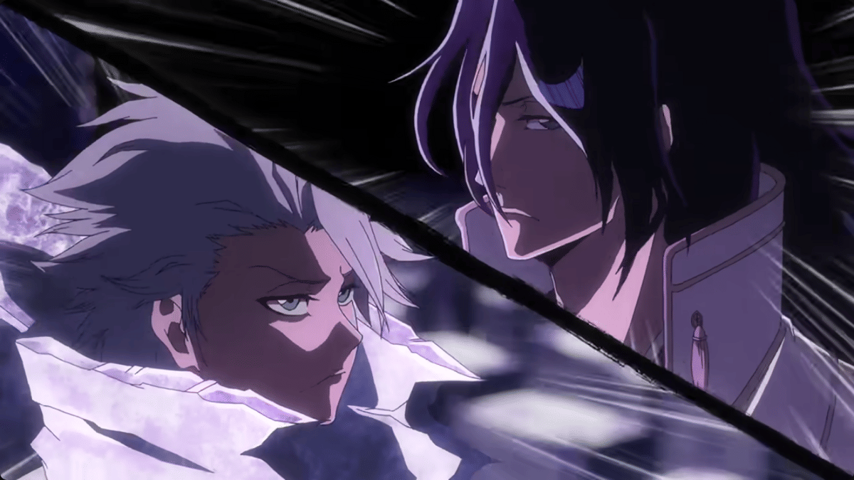 Dua karakter anime, Hitsugaya dan Byakuya, saling berhadapan dengan ekspresi serius dalam adegan penuh ketegangan dari Bleach TYBW.