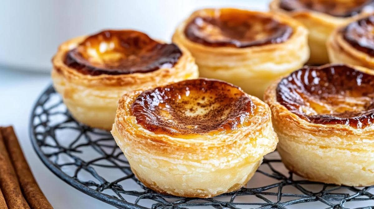 Beberapa butter tart dengan kulit pastry renyah dan isian karamel kecokelatan tersusun di atas rak pendingin logam.