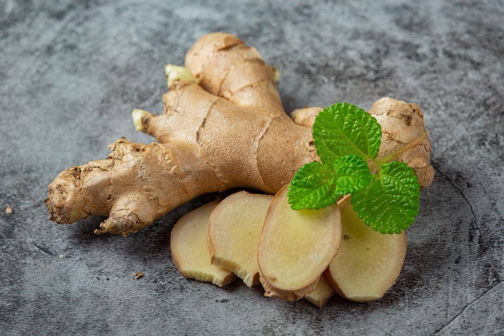 Beberapa potong jahe segar dengan daun hijau di atas permukaan abu-abu, menampilkan tekstur kulit jahe yang khas.