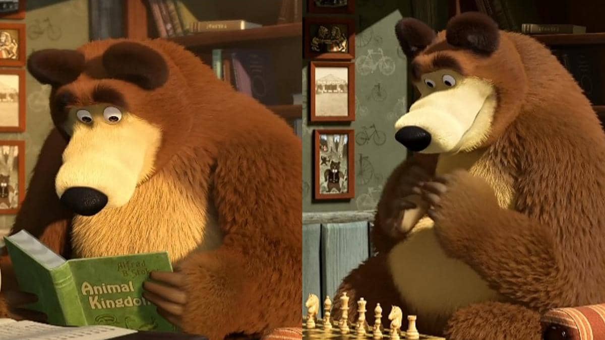 karakter Bear saat membaca buku dan bermain catur dalam Masha and the Bear.