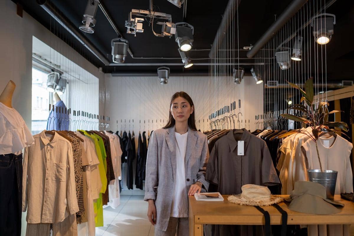 ilustrasi seorang wanita berdiri di butik pakaian