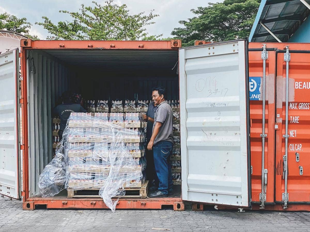 ilustrasi pria memuat produk ke dalam kontainer