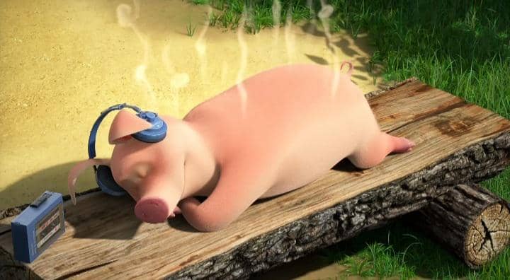 karakter Rosie saat berjemur sambil mendengarkan musik dalam Masha and the Bear.