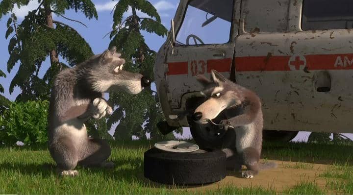 karakter Sly dan Silly Wolf saat di bukit tempat tinggalnya dalam Masha and the Bear
