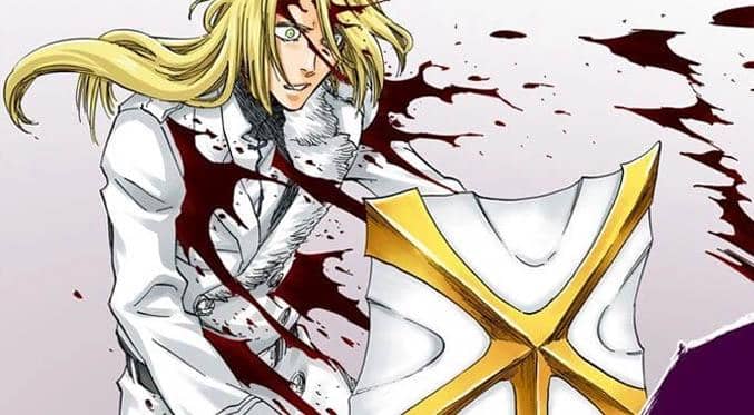 Karakter berambut pirang dari anime Bleach terluka parah dengan darah menyembur, mengenakan mantel putih dan pelindung berbentuk salib emas.