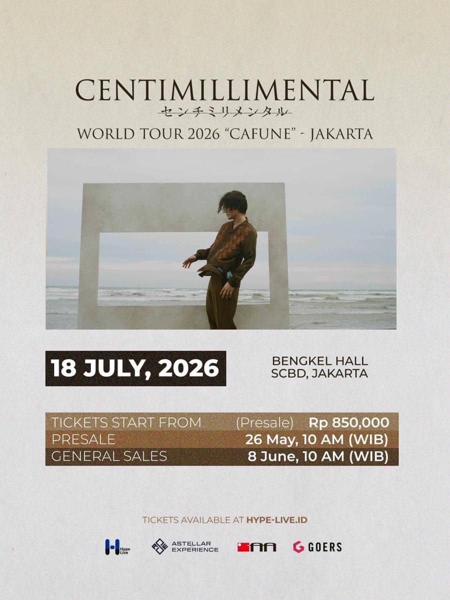 Poster konser CENTIMILLIMENTAL World Tour 2026 bertajuk 'CAFUNE' di Jakarta dengan jadwal dan harga tiket mulai Rp850.000.