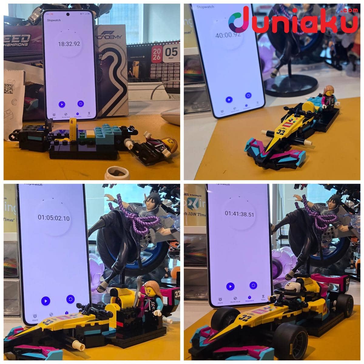 Empat tahap proses perakitan mobil balap LEGO Speed Champions F1 Academy dengan stopwatch di sampingnya menunjukkan waktu pengerjaan.
