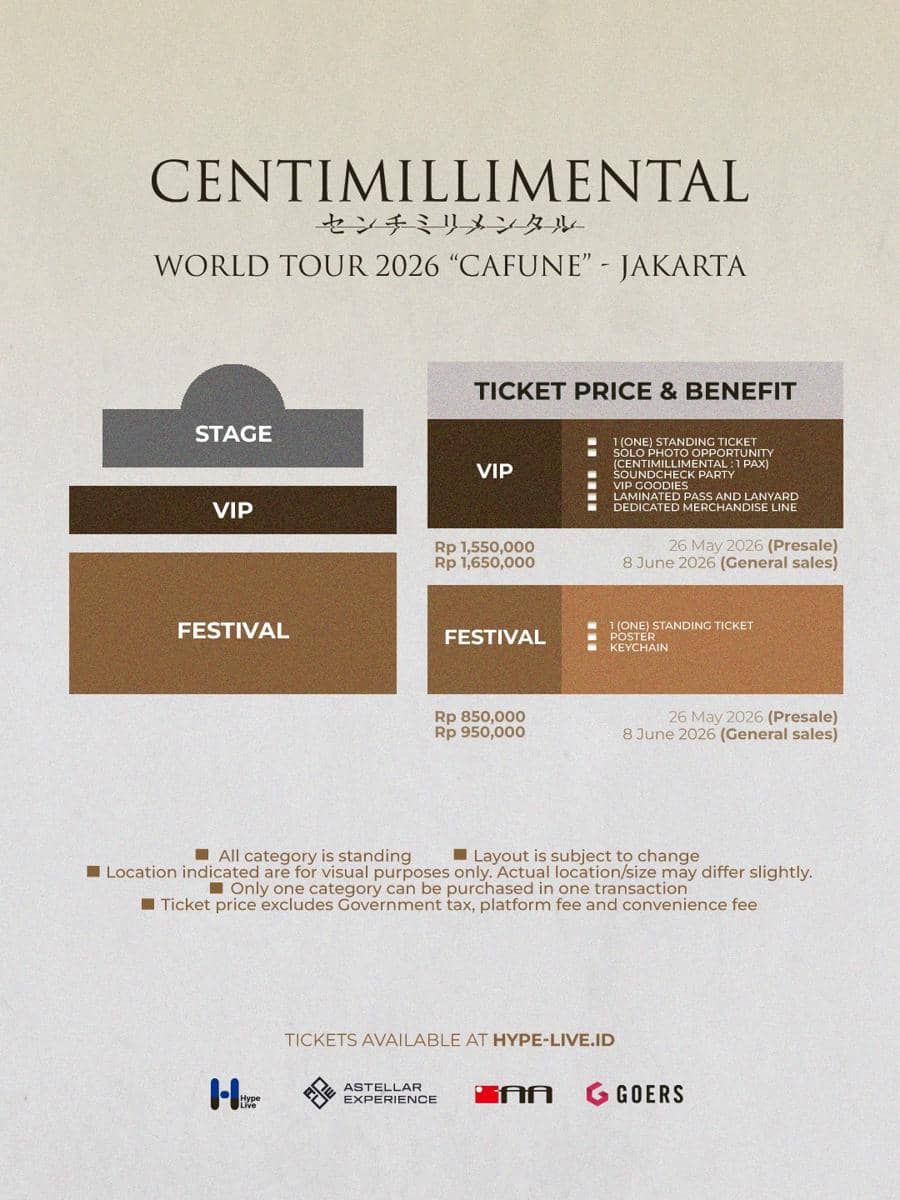 Poster informasi harga tiket konser CENTIMILLIMENTAL World Tour 2026 di Jakarta dengan kategori VIP dan Festival serta tanggal penjualan.