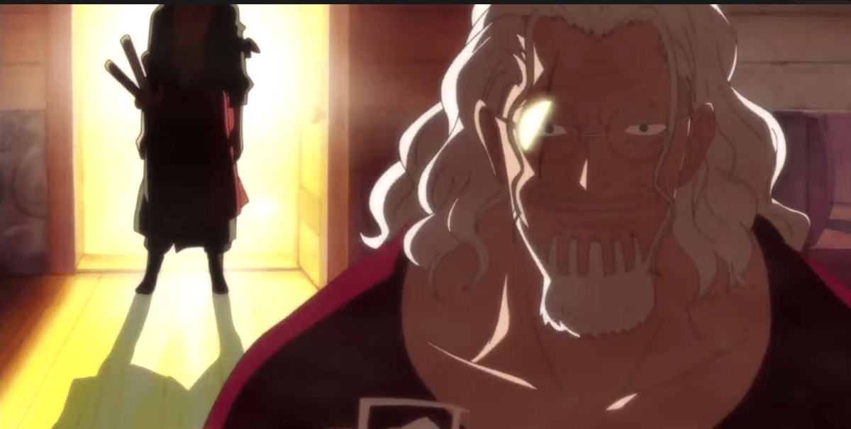 Roronoa Zoro berdiri di depan pintu bercahaya saat bertemu Rayleigh yang berambut putih dan berkacamata dalam adegan anime One Piece.