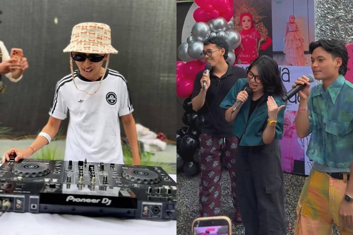 Seorang DJ mengenakan topi dan kacamata hitam memainkan musik di meja turntable, sementara tiga orang bernyanyi di acara ulang tahun dengan dekorasi balon.