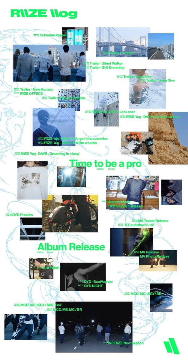 Poster jadwal promosi grup RIIZE berisi daftar kegiatan seperti trailer, vlog, perilisan album, dan acara live dengan latar foto-foto anggota.