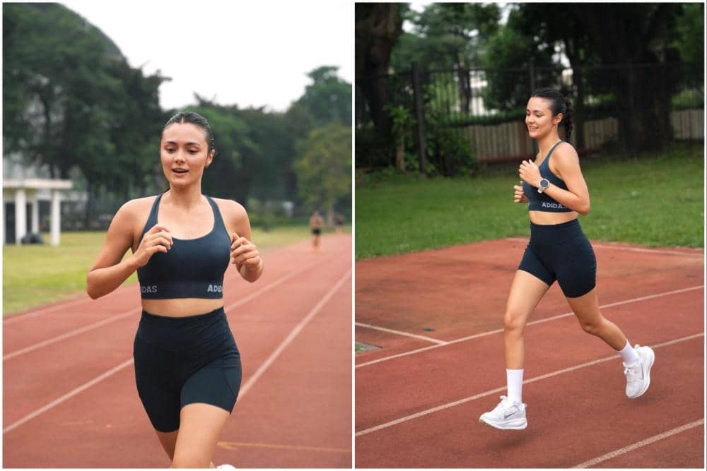 10 Potret Amanda Rawles Latihan Interval Running, Ditemani Suami
