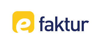 Logo e-Faktur dengan huruf e berwarna putih di dalam kotak kuning dan tulisan faktur berwarna biru di sebelahnya.