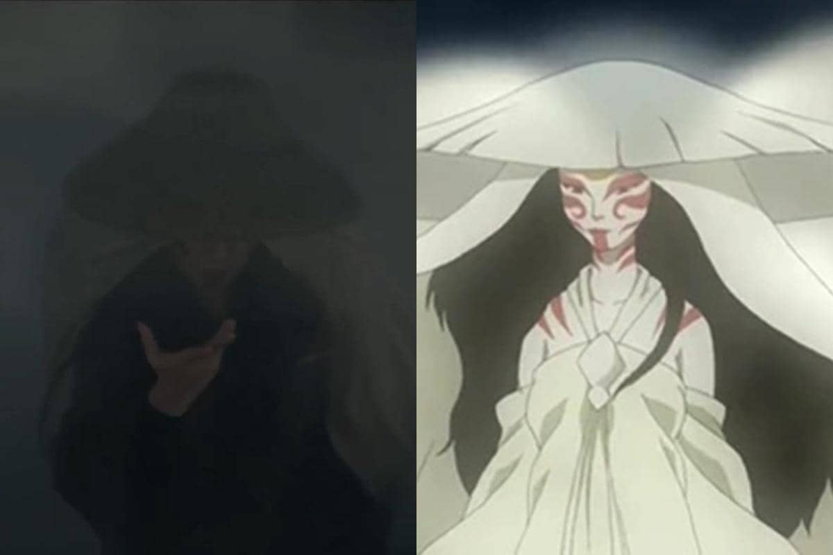 Perbandingan karakter The Painted Lady versi live-action dan animasi dari serial Avatar: The Last Airbender dengan nuansa misterius dan kabut.