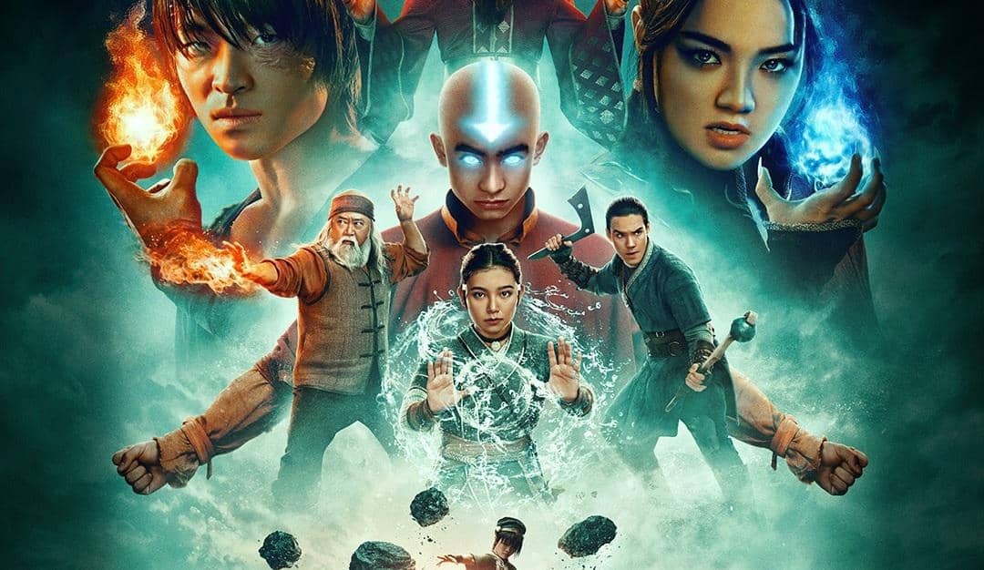 Poster serial Avatar: The Last Airbender Season 2 menampilkan karakter Aang dan teman-temannya dengan kekuatan elemen api, air, dan bumi.