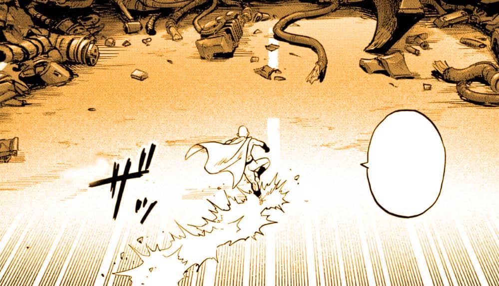 Saitama berlari di jalan yang dipenuhi puing-puing dan reruntuhan setelah pertempuran besar dalam adegan manga One Punch Man.