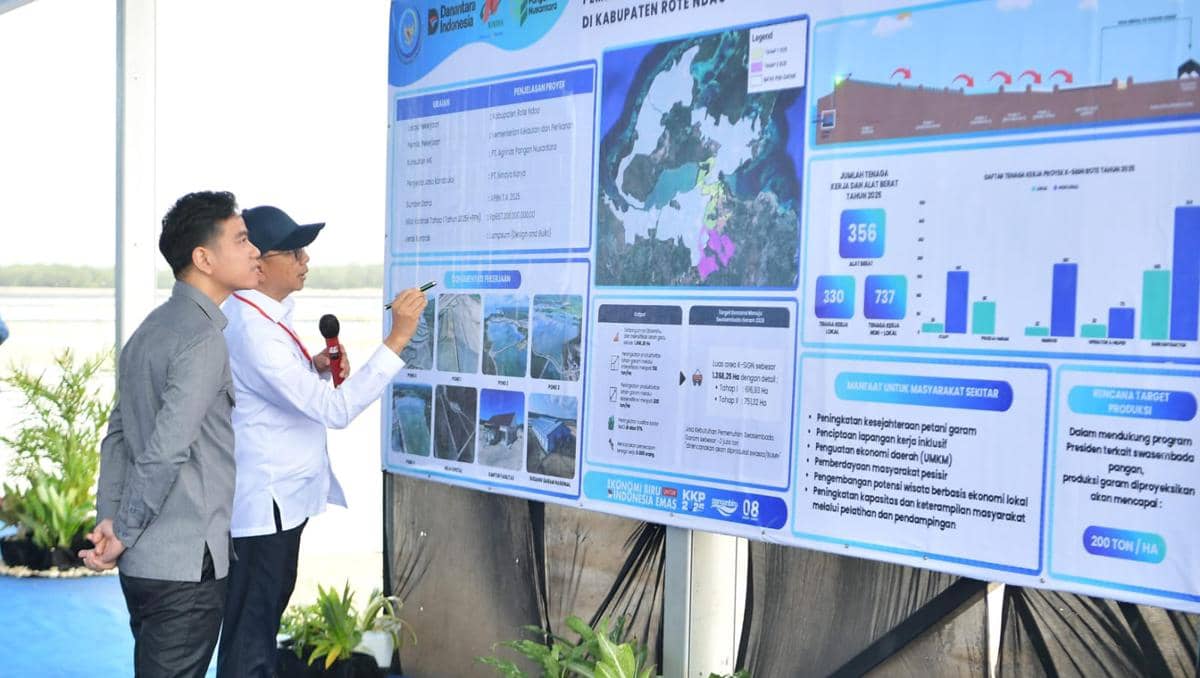 Dua pria meninjau papan informasi proyek garam dan rumput laut di Kabupaten Rote Ndao dengan peta dan grafik data produksi.