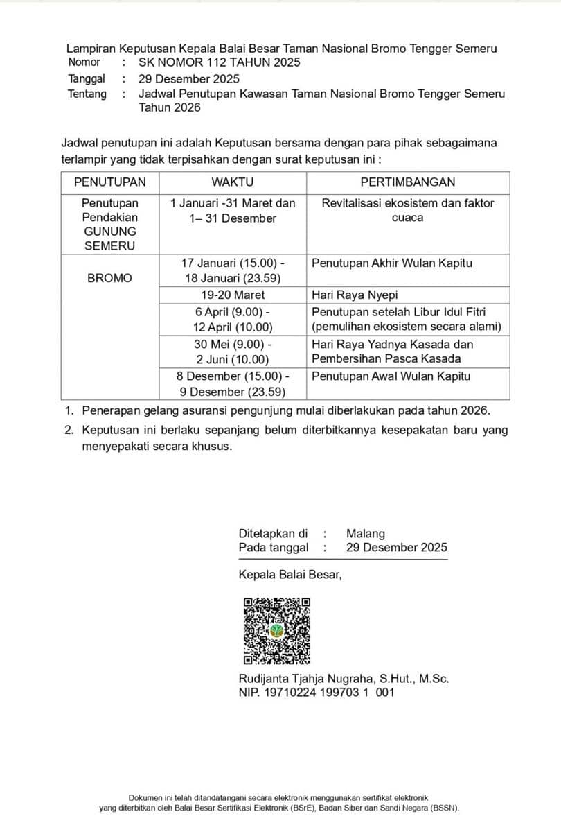 SK Penutupan Taman Nasional Bromo Tengger Semeru selama 2026 (