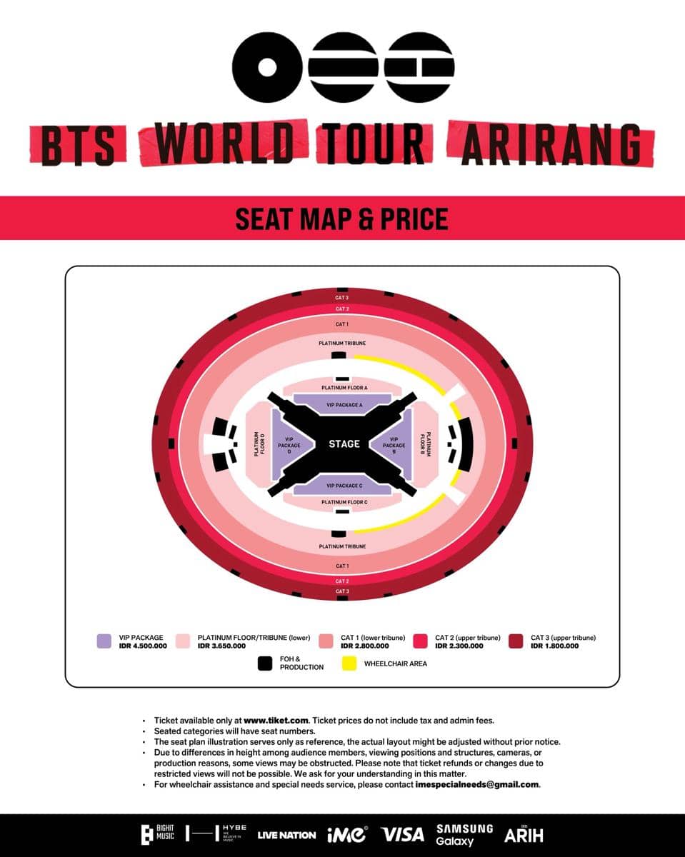 Poster resmi BTS World Tour Arirang di Jakarta menampilkan denah tempat duduk dan daftar harga tiket berbagai kategori konser.