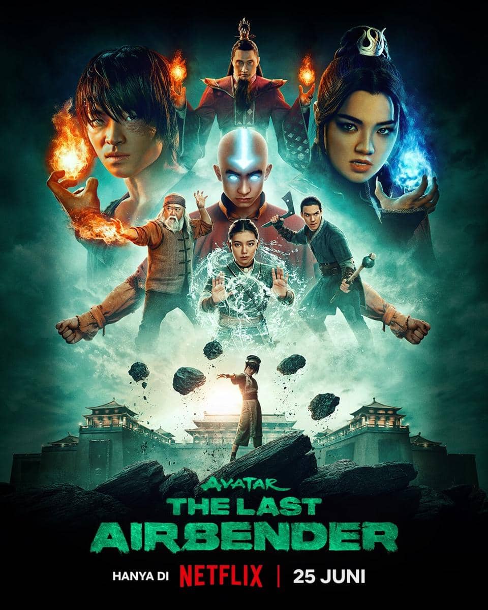 Poster serial Avatar: The Last Airbender Season 2 menampilkan para karakter utama dengan kekuatan elemen api, air, udara, dan bumi.